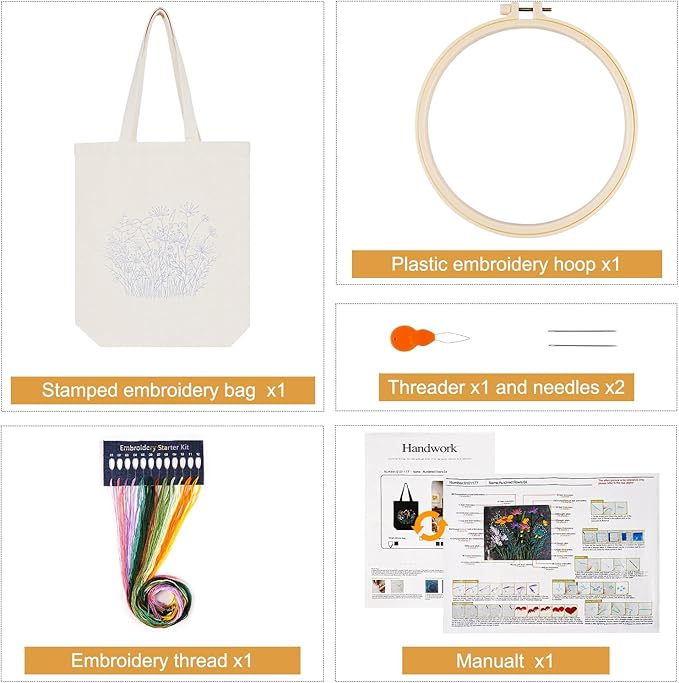 Embroidery Kit Canvas Tote Bag, Hand Embroidery Kit with Floral Pattern for Beginners, Cross Stitch Kits for Adults, Arts and DIY Crafts Kits, Embroidery Starter kit with Embroidery Bag and Tools