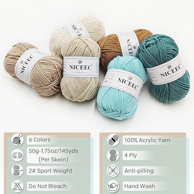 NICEEC 300g Soft Assorted Colors Yarn - Sport Weight,100% Acrylic, 4 Ply, Bonbons Yarn for Crochet & Knit, DIY Project Starter Kit for Kids or Adults(Total 870yds) - Series 16