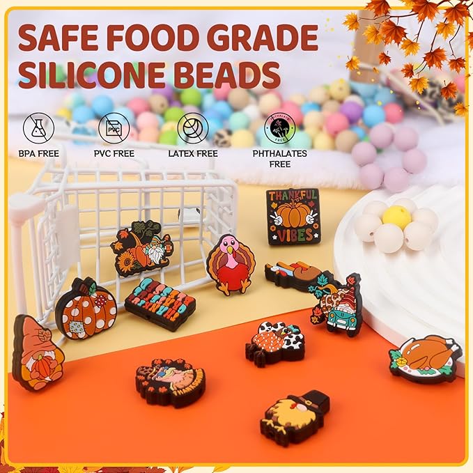12pcs Thanksgiving Day Silicone Focal Beads for Pens Making Beads for Keychain Shape for Bracelet Necklace Crafts （Thanksgiving Day）