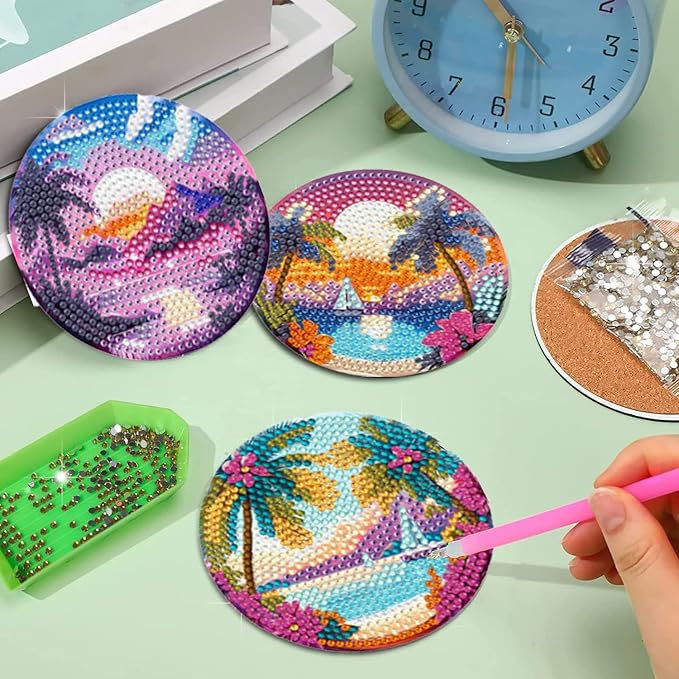 EWJRNSF 8 PCS Diamond Art Coasters Kit, Small Diamond Painting Coasters, Fall Beach Diamond Art Kits for Adults Beginners, Arts and Crafts Supplies Item Sets with Holder