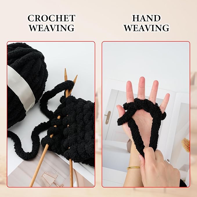 Chunky Yarn for Hand Knitting, Jumbo Chunky Yarn for Crocheting, Chunky Chenille Yarn, 1 Pack (32 yds 8.5 oz Each Skein),#7, Black