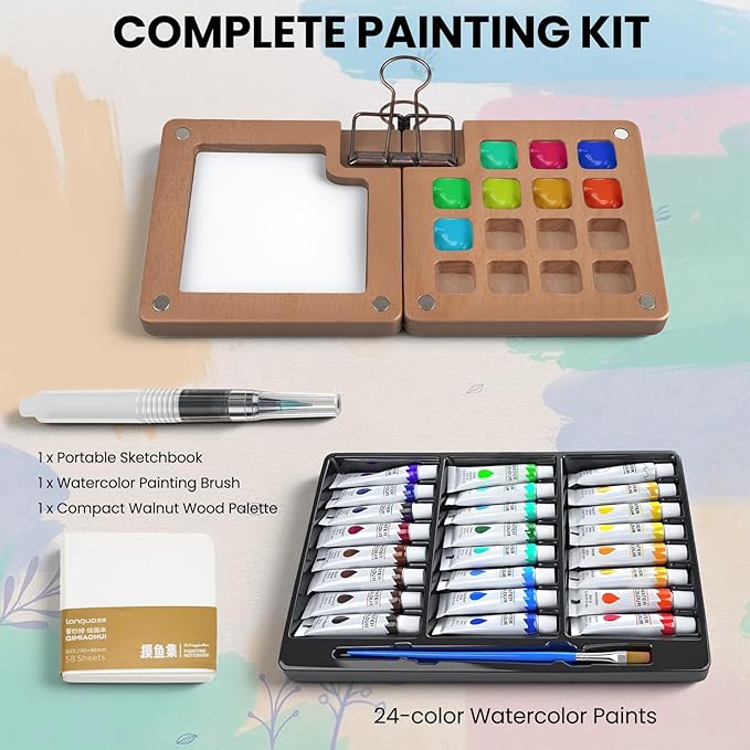 Mini Paint Palette Travel Kit,Mini Travel Watercolor Palette Set,Pocket Artist Acrylic colour Sets with Watercolor Pens,Binder Clips, Include 24 Colors Paint for Beginners Artists