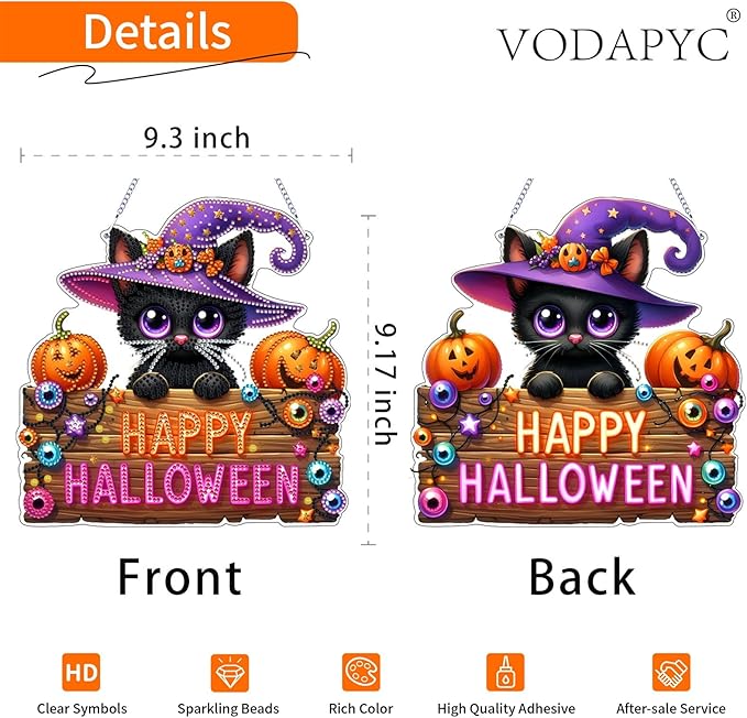 VODAPYC Halloween Diamond Art Hanging Kits for Adults, Double Sided DIY Special Shaped Diamonds Art Window Pendant Ornament for Home Decor(Black Cat)