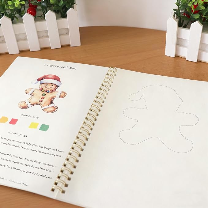 Watercolor Workbook, Water Coloring Book, 12 Different Patterns of Original DIY Designs, 12 Colors Watercolor Paint Set with Palette and Brush, Beginner-Friendly Watercolor Workbooks（Christmas）