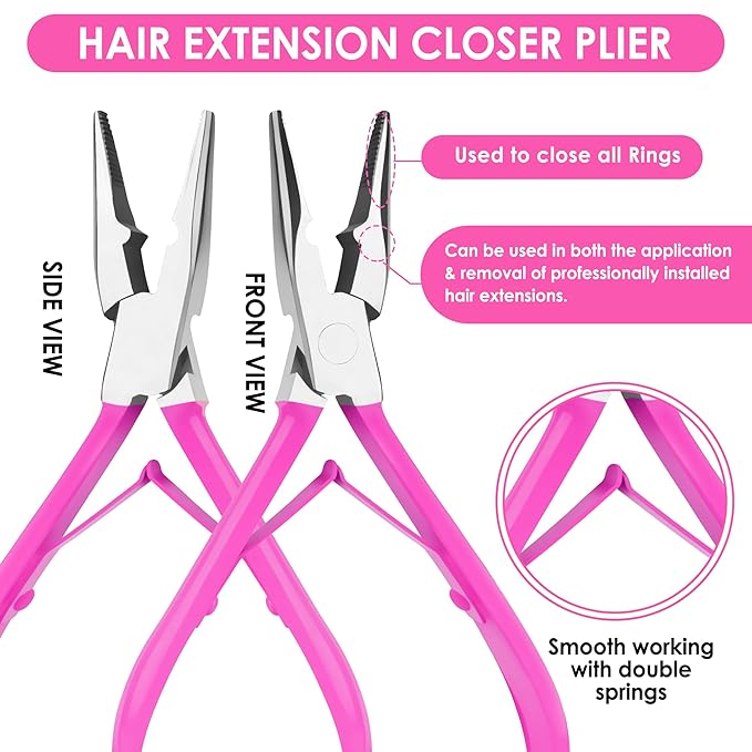 Beauty & Crafts Hair Extension Tools- Stainless Steel Pliers Set for Micro Beads- 1 Crochet Needle 1 Pulling Hook with Tail Comb- Micro Links Tool Kit with Leather Pouch- (Pink)