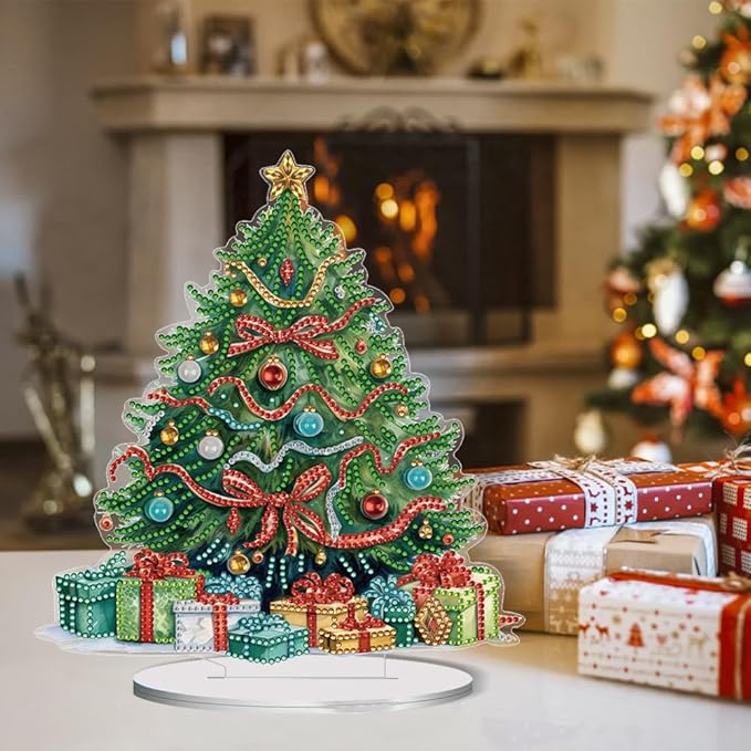 LAKEQUILL Christmas Tree Desktop Diamond Art Kit for Adults Christmas,DIY Stand Up Double Sided Special Shaped Diamond Art Desktop Ornaments for Home Office （ Christmas Tree）