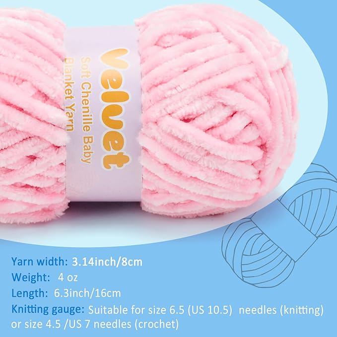 Yiju Velvet Chenille Yarn for Crocheting and Knitting, Soft Chenille, 2pack Pink (4oz 132yds Each)