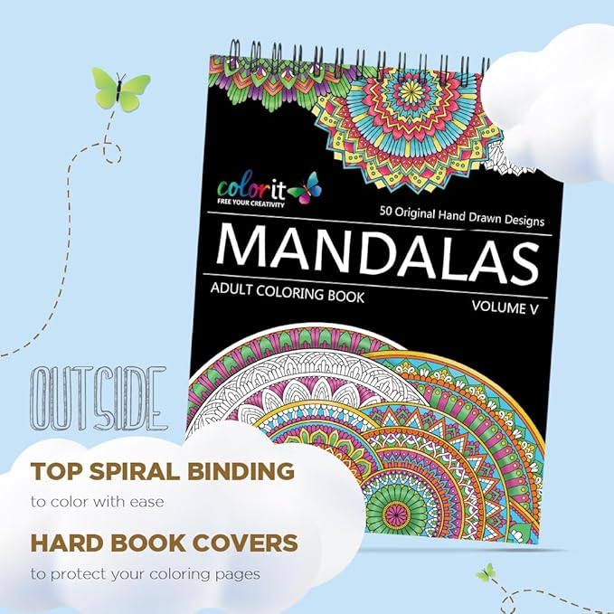 ColorIt Mandalas Volume V Spiral Bound Adult Coloring Book with 50 Mandala Patterns for Relaxation and Stress Relief - Includes Perforated Pages, Thick Paper, Hardback Covers, and Blotter Page