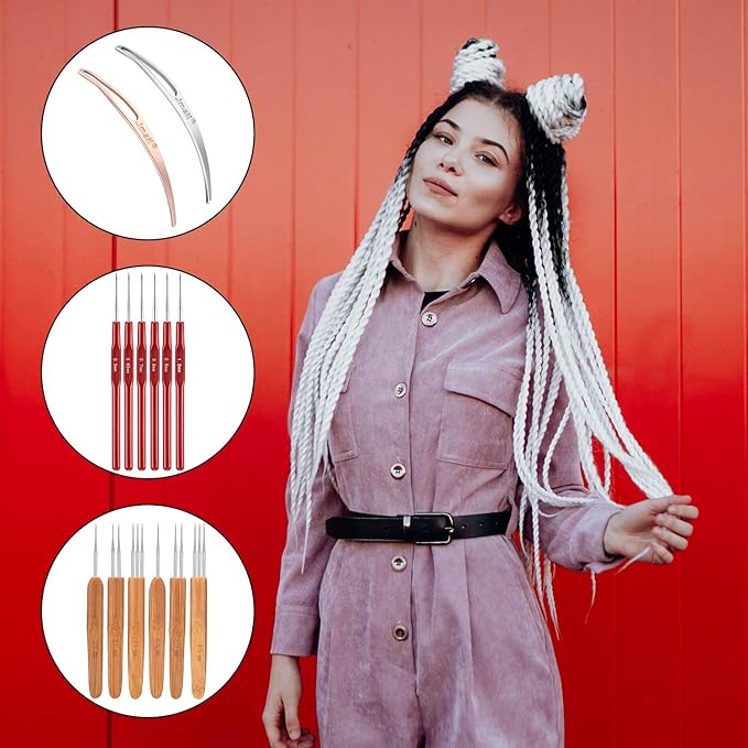 WILLBOND 14 Pcs Dreadlock Crochet Hook Set Include 6 Dreadlocks Crochet Needle 2 Hair Locking Tools 6 Hooks 0.5 mm 0.75 mm Needle Weaving, 1/2/3 Hooks for Locs Braid Craft(Red)