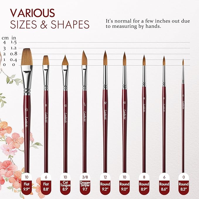 Sable Paint Brushes Professional Watercolor Paintbrushes Set for Artists 9pcs, Ideal for Watercolor, Acrylic, Includes Round Pointed, Flat, Cat's Tongue