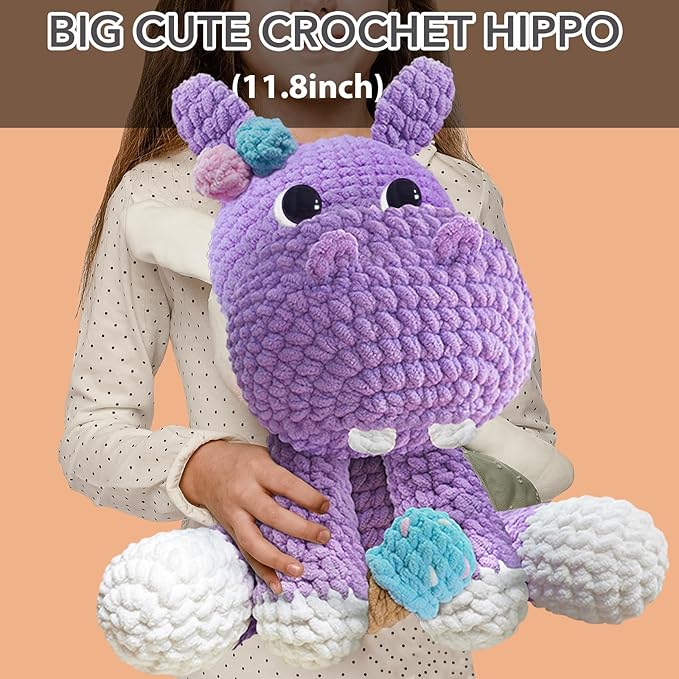 codgp crochet kit for beginners,11.8in crochet animal kit hippo,crochet starter kit gift for adults kids with yarn sets,amigurumi crochet kit with step-by-step video tutorials