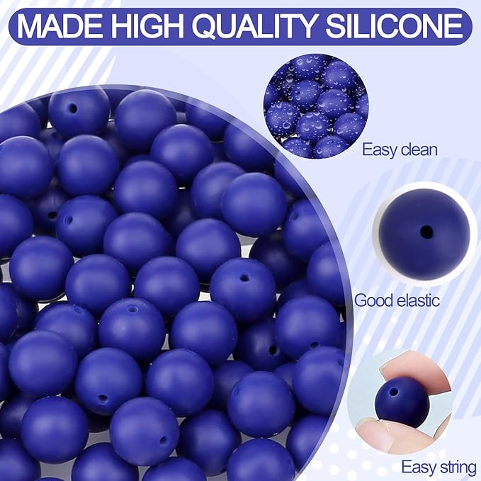 MAIBAOTA 120 Pcs Blue Beads for Bracelets 15 mm Navy Blue Beads for Keychain/Pens/Bracelet/Necklace Making Focal Beads Loose Rubber Round Silicone Beads Bulk for Craft Making（with Boxed Kits）