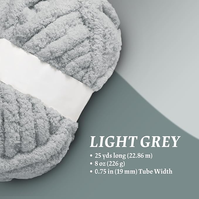 Super Soft Chunky Chenille Yarn – 8 Skeins × 8 oz (25 Yards Each) Jumbo Bulky Yarn for Crochet & Hand Knitting Blankets, Sweaters, Cushions, DIY Projects (Light Grey)