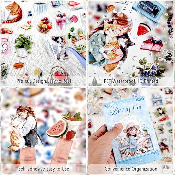 Journal Sticker Book for Journaling and Scrapbooking, Cat Blueberry Theme, 20 Sheets 3.9x5.9 inches, Precut Transparent PET Stickers for Junk Journal Supplies, Collage, Scrap Book