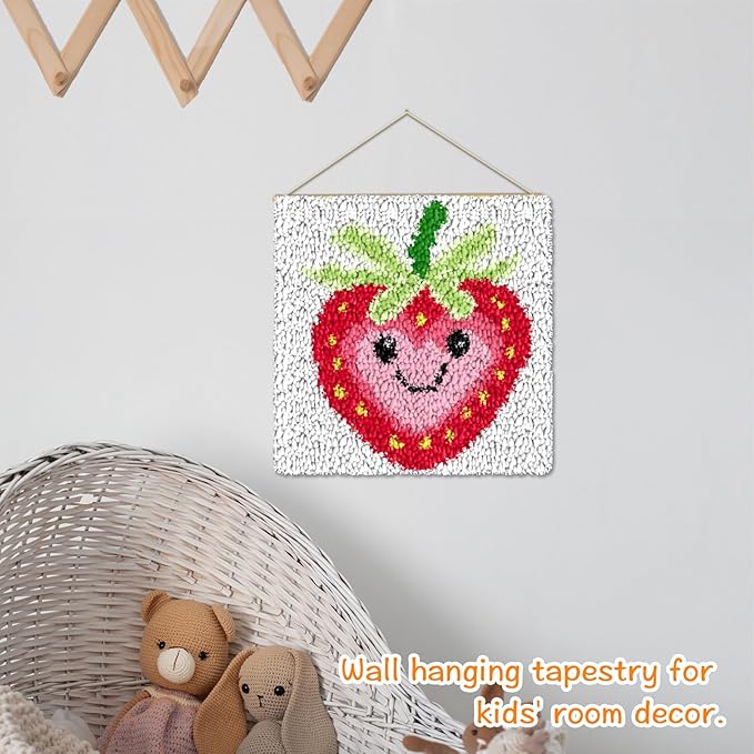 YP Strawberry Smiley Face Latch Hook Kit for DIY Craft Lovers - 12x12 Inch Crochet Rug Making Set, Fun & Creative Home Decor Needlework Project for Beginners