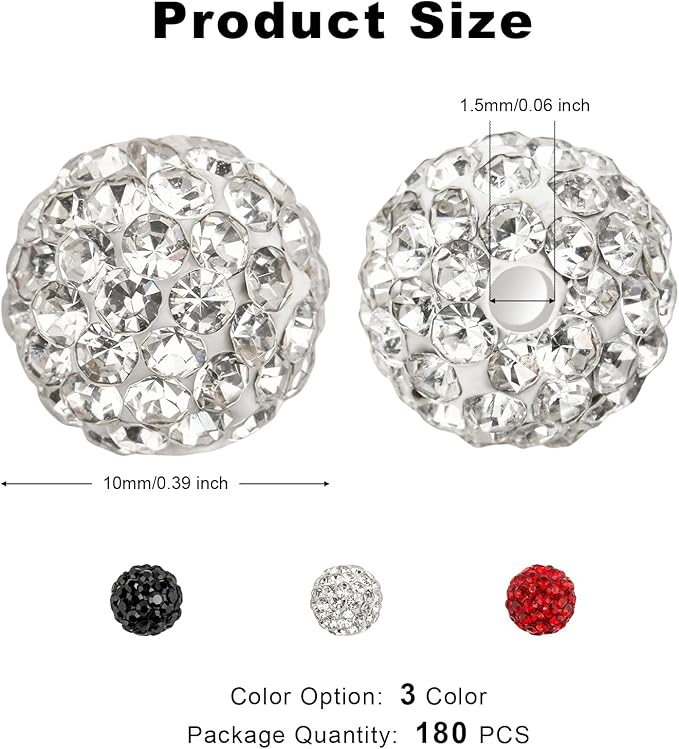 256Pcs 10mm Rhinestone Beads Kit for Bracelets, 3 Colors Round Disco Ball Sparkly Beads with Cross Charms and Accessories for DIY Baseball Necklaces Earrings Jewelry Making