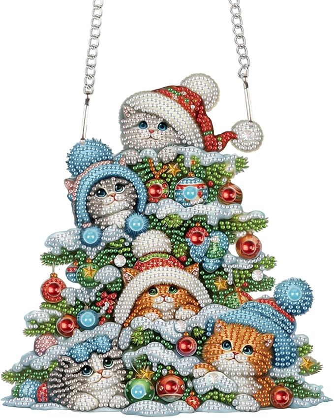 TDFERAN 5D Rhinestone Painting Decorative Sign Christmas 12x20cm Cats Hanging Kit Diamond Art Wreath Cats Couple Window Hanging Cross Stitch Mosaic Crafts Diamond Art Window Pendants Home Garden
