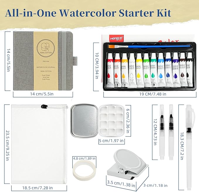 Vienrose Mini Portable Watercolor Palette Set for Travel & Outdoor Painting with 5.5" x 5.5" Linen Cover Watercolor Sketchbook, 12-Color Watercolor Paints, 3 Pens, Artist Tape & Storage Bag
