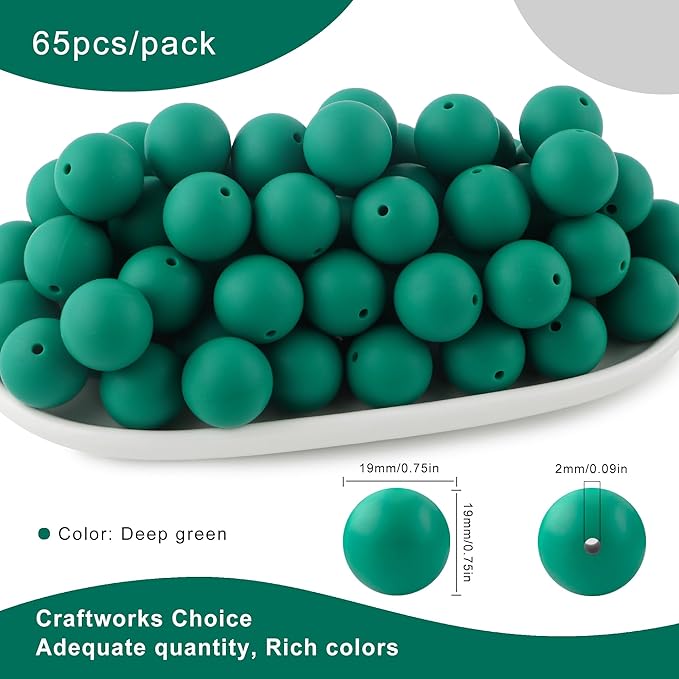 65Pcs 19mm Silicone Beads for Keychain Making Bracelet Necklace, Bulk Round Silicone Beads for Pens（Deep Green）