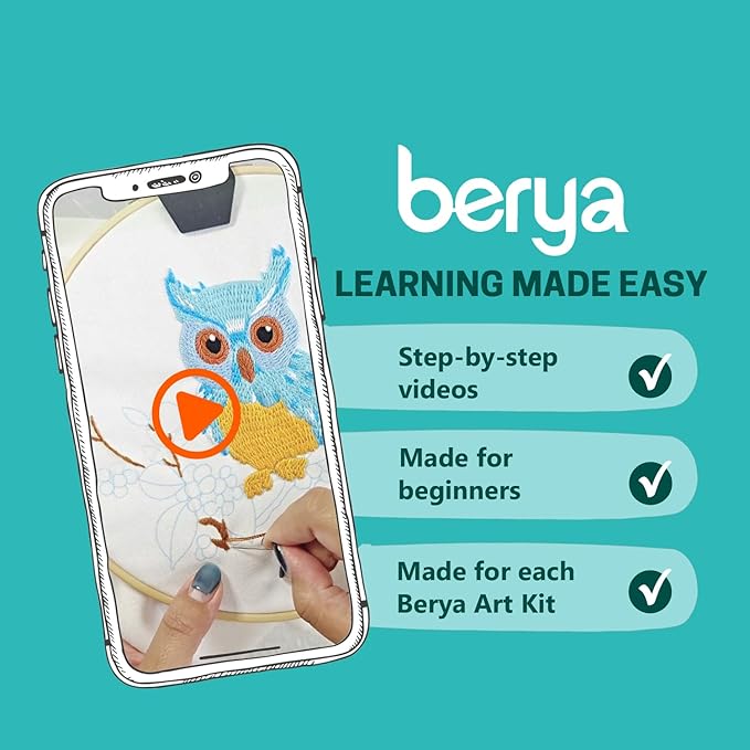 BERYA Owl Embroidery Kit, Embroidery Kit for Adult, Owl Pattern Practice Kit, Including Video Step by Step Instructions, Embroidery Hoop, Cloth, Needles and Thread for DIY Craft Lover (BEO011)