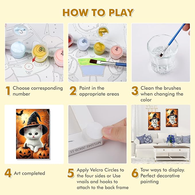 Bowetile Halloween Framed Paint by Numbers for Adults, Adults' Paint-by-Number Cat Kits on Canvas, Easy Acrylic Pumpkin Number Painting Crafts Kits Halloween Gifts for Home Decor, 8x12in