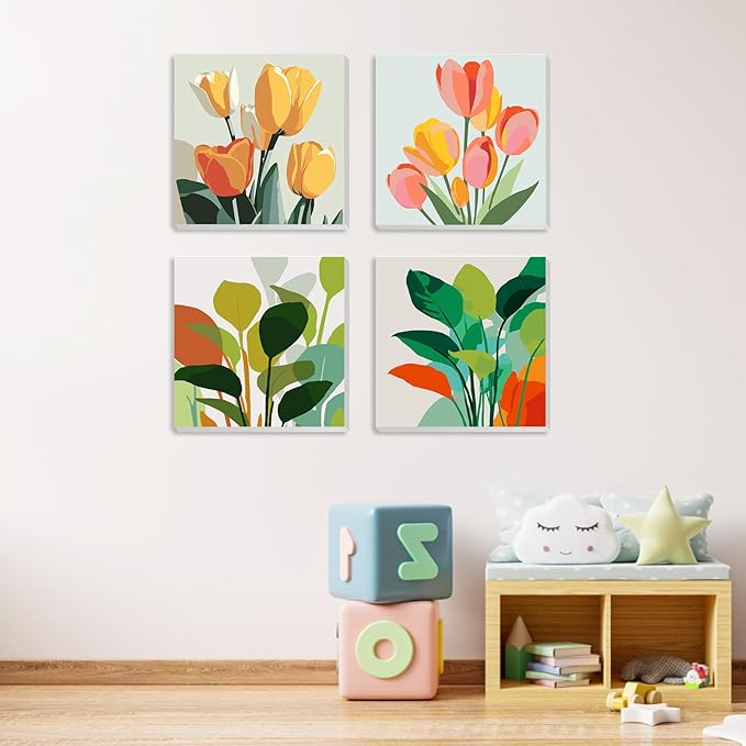 MXJSUA 4 Pack Tulips Green Plant Framed Paint by Numbers Kit with Canvas for Adults Beginner, DIY Acrylic Oil Painting Kits with Brushes for Home Wall Decor Gift (8x8 inch)