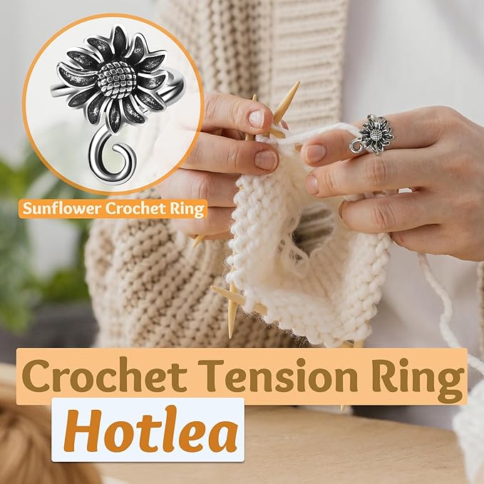 4 PCS Crochet Rings for Fingers Butterfly Flower Crown Bow Knot Sunflower Adjustable Yarn Tension Ring Knitting Accessories Crochet Gifts for Crocheters