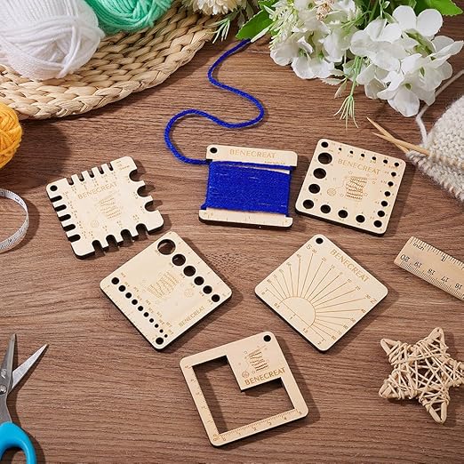 BENECREAT 6 Styles Wood Knitting Gauge Rulers, Square Crochet Hook and Yarn Wrap Guide Board Knitting Tool for Knitting Needle Spinners Yarn Measuring Crochet