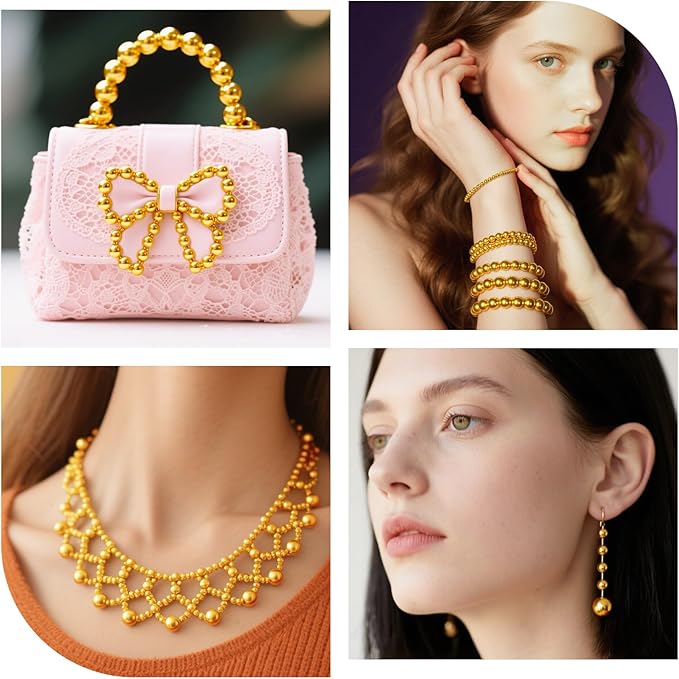 Laopottbeads 1225 Pcs Gold Beads with Oxidation-Resistant Finish, 4/6/8/10/12mm Round Beads DIY Kit for Bracelets, Earrings, Necklaces & Anklets