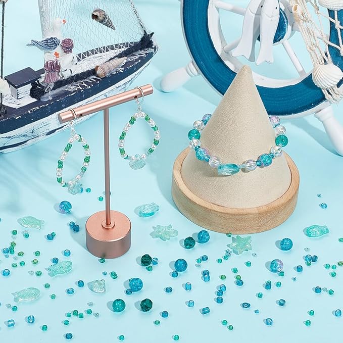 SUNNYCLUE 1 Box 3100+Pcs Sea Glass Beads Kit Glass Ocean Beads Glass Starfish Shell Fish Beads Summer Hawaii Ocean Animal Bead Cyan Spacer Loose Beads for Jewelry Making DIY Beading Crafts Supplies