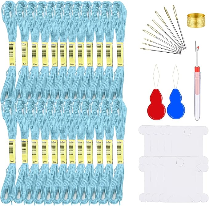 Embroidery Floss Kit-24 Skeins Premium Cross Stitch Thread for Knitting, Embroidery Stitching and Cross Stitch Project (Light Blue)