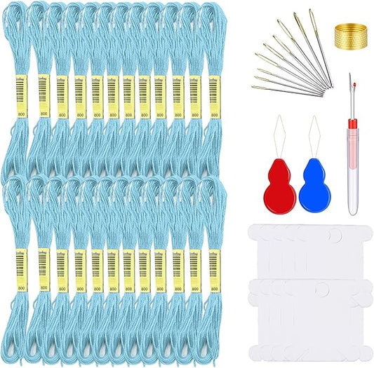 Embroidery Floss Kit-24 Skeins Premium Cross Stitch Thread for Knitting, Embroidery Stitching and Cross Stitch Project (Light Blue)