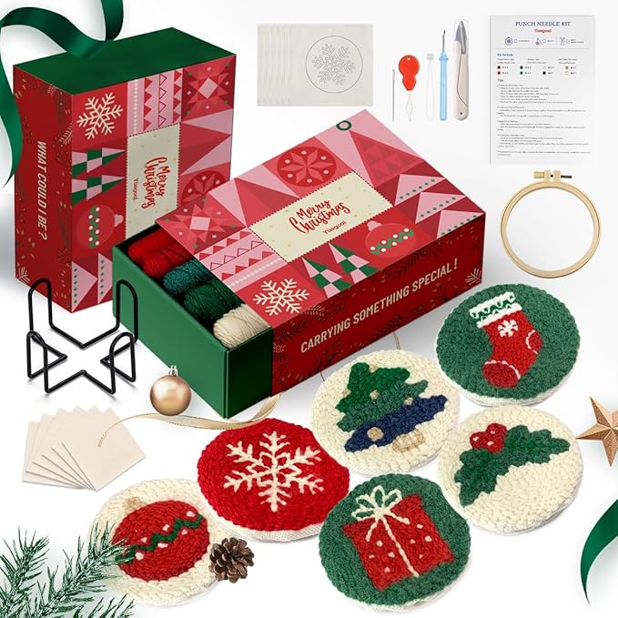 yuegool 6PCS Christmas Punch Needle Coasters Kit - DIY Embroidery Set for Adult Beginners, Holiday Art Craft Supplies with Patterns, Tools, Yarn, Hoop, Instructions, Coaster Holder