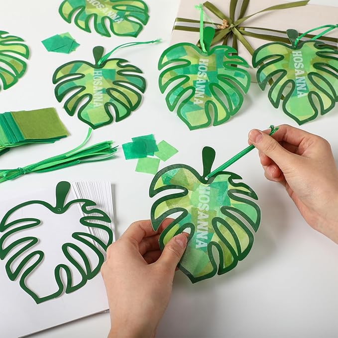 Motipuns 32 Sets Palm Sunday Suncatchers Craft Kits Easter Lent DIY Palm Leaf Tissue Paper VBS Crafts Stained Glass Effect Tissue Paper Kit for Religious Christian Holy Week Window Art