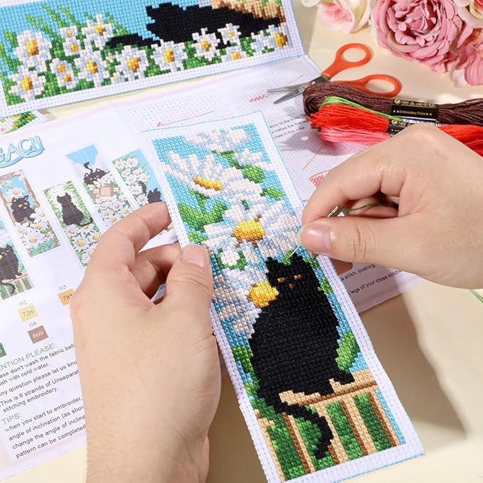 ORIGACH 6 Pcs Cross Stitch Bookmark Kit for Beginner Adults with Backing Felt Floss Instruction, Cat and Daisy Stamped Embroidery Bookmark Kit for Starters Book Lovers
