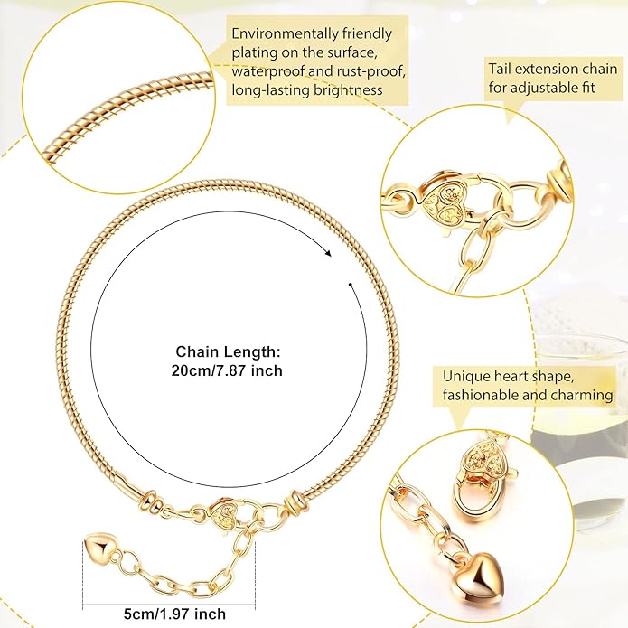 Junkin 12 Pcs Snake Chain Charm Bracelet with Heart Lobster Clasp Extender Adjustable Christmas DIY Metal Bracelet Chain for Women Jewelry Making Gifts Supplies 7.87 Inches