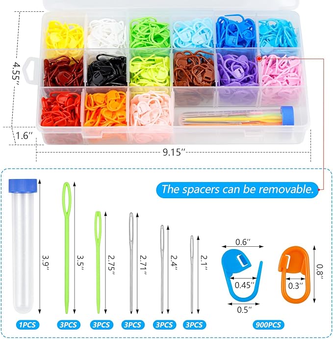 FIVEIZERO 900 Pieces Stitch Markers,with 15Pcs Large Eye Blunt Sewing Needles,Colorful Crochet Markers for Knitting Stitch Locking Clips Crochet Pins with Storage Box