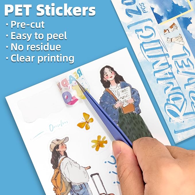 Romantic Getaway Sticker Scrapbooking Supplies for Junk Journal, 20 Sheets PET Stickers - Vintage Journaling Stickers, Ephemera Sticker Book Pre Cut(TZ-009-005)