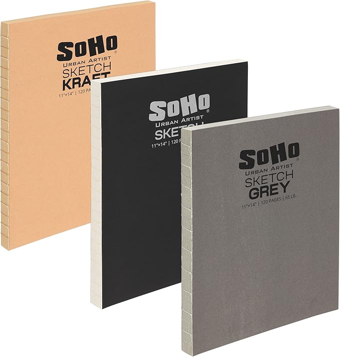 SoHo Urban Artist Open Bound Sketch Pads - Open Coptic Bound Sketch Pads for Drawing, Calligraphy, Any Dry Media, & More! - [Grey, White, & Kraft - 11x14-3 Pack]