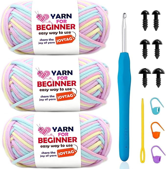 3 Pack Beginners Crochet Yarn Pink Purple Blue Yellow Cotton Crochet Yarn for Crocheting Knitting Beginners with Easy-to-See Stitches Cotton-Nylon Blend Crochet Yarn for Beginners Crochet Kit(3x50g)