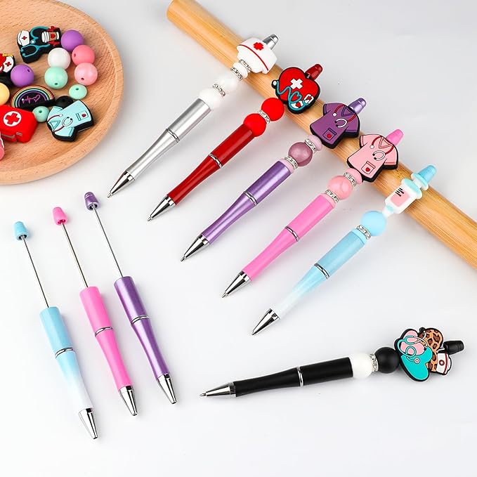 12 Set Hospital Theme Plastic Beadable Pens DIY Set, Assorted Bead Pens Crystal Round Spacer Pendant Set Black Ink DIY Ballpoint for Teachers, Women Men Gift Office Supplies