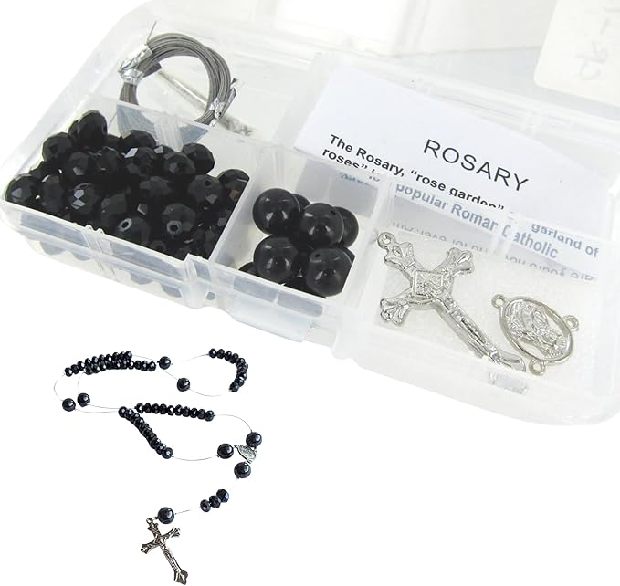 Linpeng Black Crystal Bead Box Rosary Necklace DIY Kit, Rosary Making Supplies, Gift for Beader, Jet, (CR-1212)