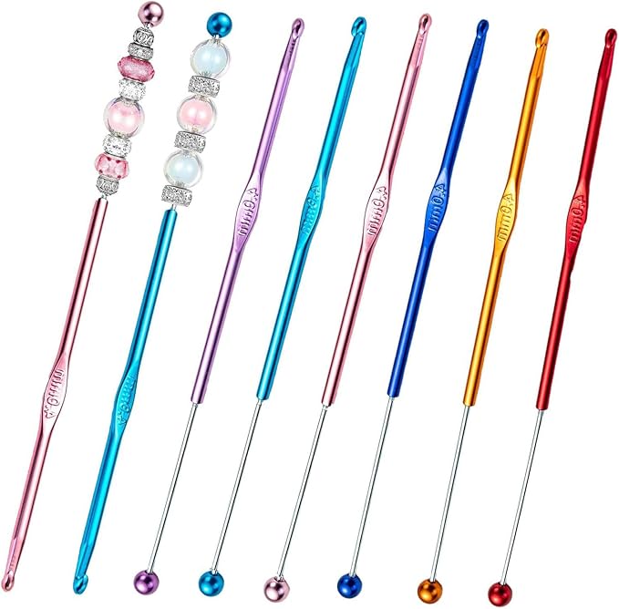 6 Pack DIY Beadable Crochet Hooks Knitting Needles Set Aluminum Handle for Focal Beads Colors (Blue Purple Red Orange Pink Light Blue, 4 mm)