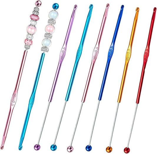 6 Pack DIY Beadable Crochet Hooks Knitting Needles Set Aluminum Handle for Focal Beads Colors (Blue Purple Red Orange Pink Light Blue, 4 mm)