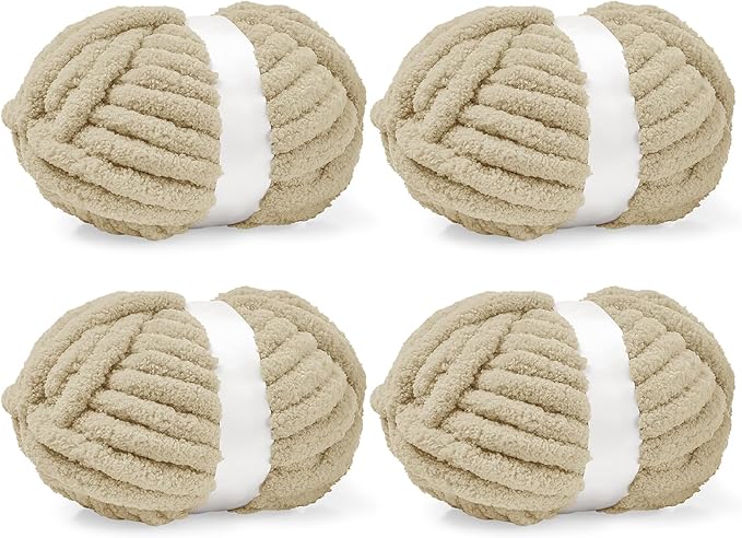 inhand 4 Pack Chunky Chenille Yarn for Crocheting– 30.6 Yards, 7.7oz, Super Bulky, Soft Fluffy Plush Yarn for Hand or Arm Knitting– Ideal for Blankets, Crafts & DIY Projects (Khaki)