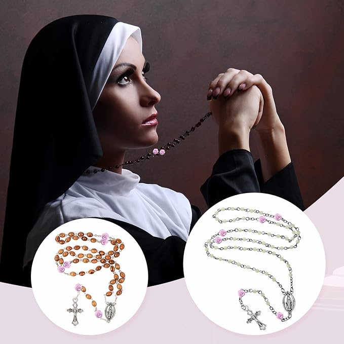 Sureio 140 Pcs Rosary Making Supplies Carved Rose Beads Flower Beads Kit Cross Centerpiece Crucifix Medal, Silver Jesus Maria Pendant for Bracelet Necklace(Purple)