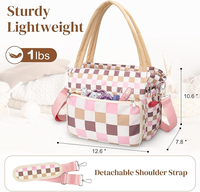 DALINDA Crochet Bag Organizer,Yarn Bag and Tote- Yarn Storage with Multiple Pockets for Crochet Supplies, Knitting Bag for Gifts,Portable & Durable(Brown)
