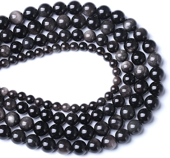 38pcs 10mm AAA Natural Obsidian Stone Beads Gemstone Round Loose Beads for Jewelry Making DIY Bracelet (Sliver Color Obsidian Stone, 10mm)