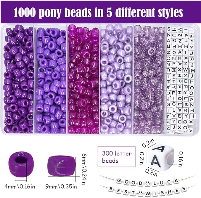 MIIIM 1300 Pcs Pony Beads Kit for Friendship Bracelet, 6 Styles Kandi Bracelet Kit in Box with Individual Compartments, Hair Beads for Braids, Letters (Purple Shades)