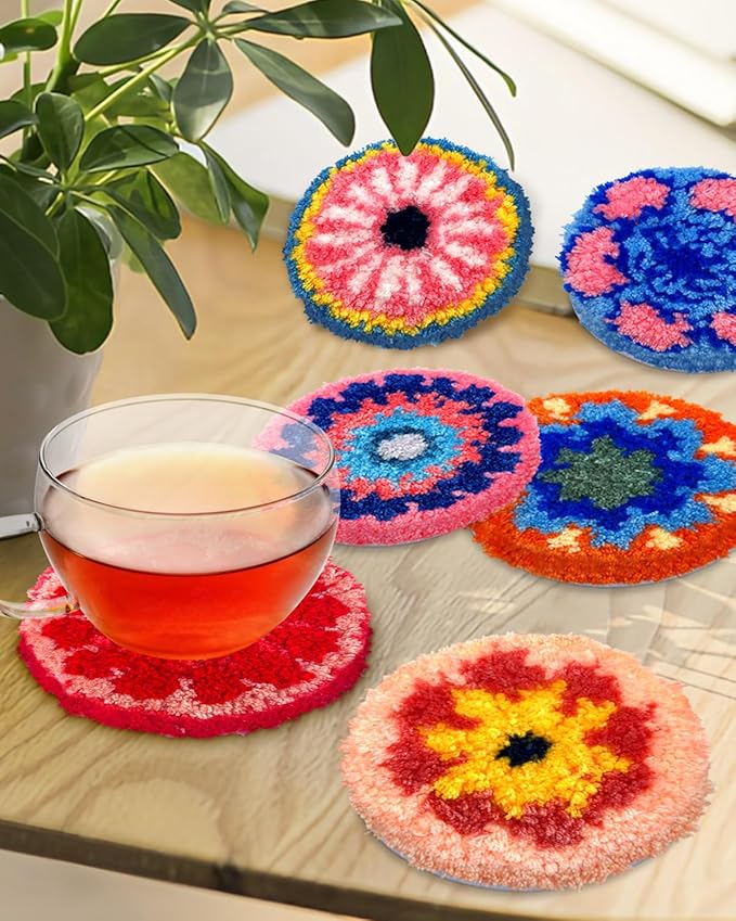 ERKOON Punch Needle Coasters Kit Adults Beginners, 6 Pcs DIY Easy Coaster Embroidery Set for Starter Art Craft, Needling Punching Project with Patterns, Tools, Yarns, Hoop, Instruction